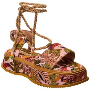 FARM Rio Pink Tropical Floral Platform Sandals with Rope Ankle Ties